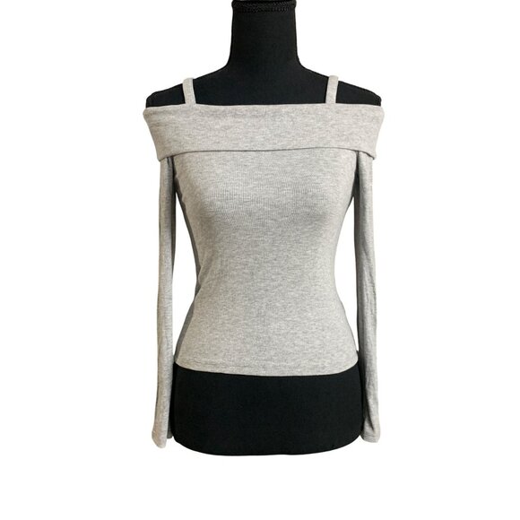 Art Class Junior Stretchy Off-Shoulder Gray Ribbed Long Sleeve Top Medium - Picture 3 of 8